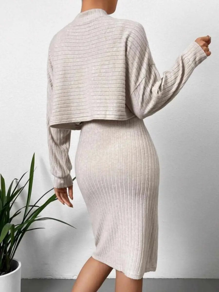 Mock Neck Long Sleeve Top with Wide Strap Dress Combo Set - Love Salve